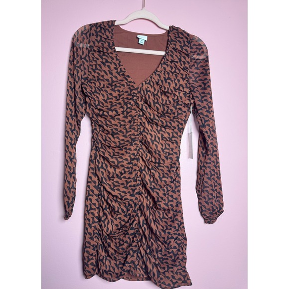 a new day Dresses & Skirts - A New Day Rust Brown Black Geometric Mesh Ruched Mini Dress XS NWT